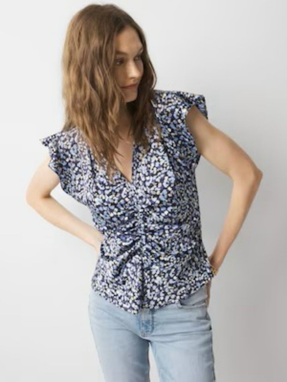 NWT WHBM Ruched Confetti Geo Print Flutter Sleeve Top Blouse M